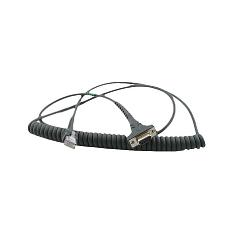 Graues Spiralkabel mit einem RJ45-Stecker und einem 9-poligen D-Sub-Stecker vor weißem Hintergrund.