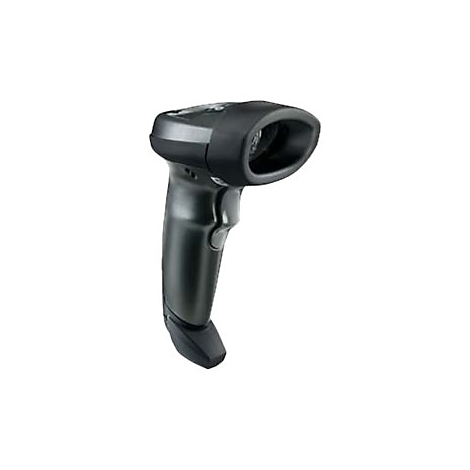 Schwarzes, ergonomisches Barcodescanner-Handgerät. Die obere Hälfte hat eine ovale Öffnung und ist am Griff befestigt. Der Griff ist abgeschrägt.