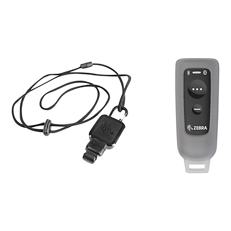 Support de télécommande gris avec cordon noir. Des symboles figurent sur la télécommande, ainsi que le logo Zebra.