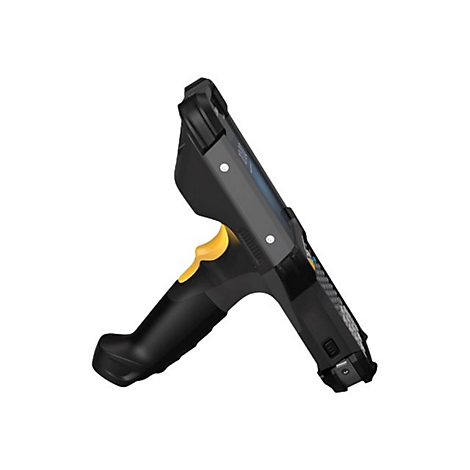 Schwarzes, ergonomisches HandgerÃ¤t mit gelbem Knopf. Es ist leicht angewinkelt und auf weiÃŸem Hintergrund zu sehen.