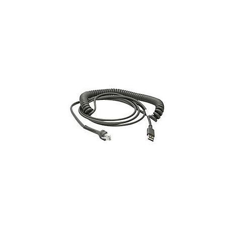 Câble spiralé gris avec connecteurs USB et RJ45.