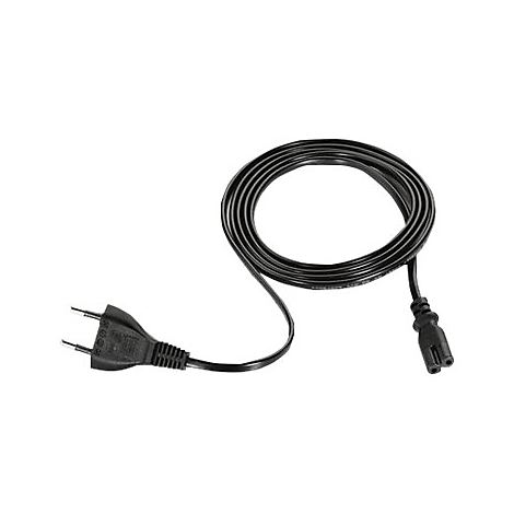 Câble d'alimentation noir avec prise euro et prise C7, sur fond blanc. Enroulé.