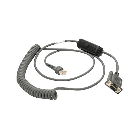 Câble gris avec différents connecteurs. La section enroulée se connecte à un connecteur RJ45, une commande et un connecteur DB9.