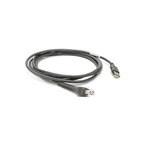 Câble gris avec connecteur RJ45 et USB, sur fond blanc.