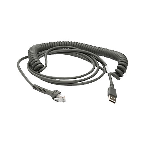 Câble spiralé gris avec prises USB et RJ45 sur fond blanc.