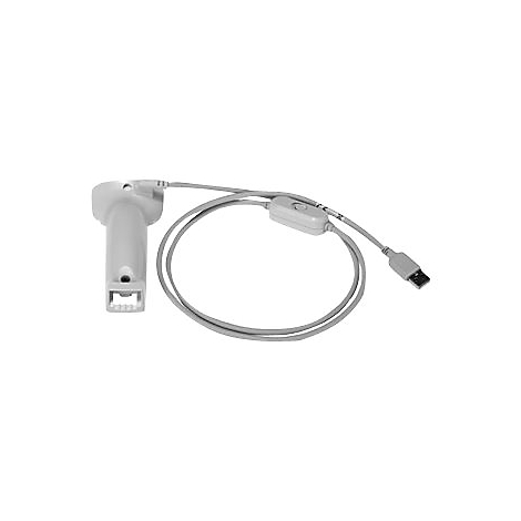 Grauer Barcode-Scanner mit Kabel und USB-Anschluss. Auf hellem Hintergrund.