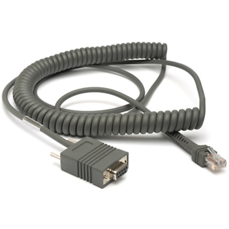 Câble spiralé gris avec des connecteurs aux deux extrémités; une extrémité est un port série, l'autre un connecteur RJ45.