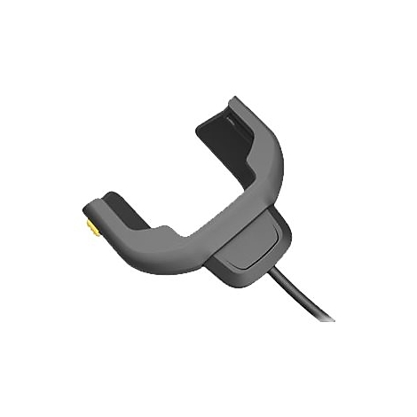 Grauer Halter mit gelbem Knopf und Kabel, isoliert vor weißem Hintergrund.