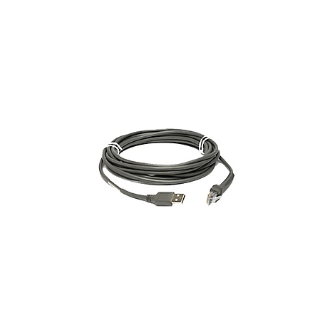 Un câble USB gris avec un connecteur RJ45, enroulé et fixé avec une bande blanche.