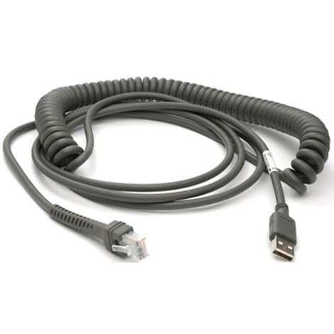 Câble spiralé gris avec connecteurs USB et RJ45, sur fond blanc.
