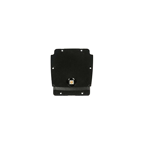 Schwarzes rechteckiges Gerät mit abgerundeten Ecken und Löchern. In der Mitte ein gelb-orangenes Licht.