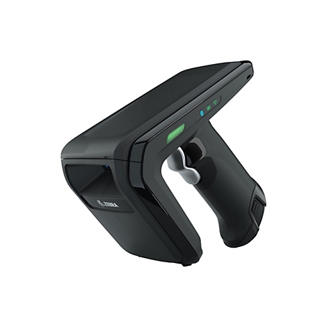 Ein schwarzer Barcode-Scanner von Zebra mit einer ergonomischen Form. Grün und blau leuchtende LEDs zeigen den Status an.