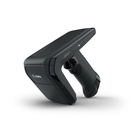 Ein schwarzes Zebra-Barcode-Lesegerät im Winkel. Das Gerät hat eine ergonomische Form mit einem Griff und einem Auslöser. Das Zebra-Logo ist auf der Vorderseite zu sehen.