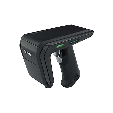 Schwarzer Handscanner mit Zebra-Logo. Grüner und blauer Indikator. Grauer Auslöser. Gerät für Barcode-Scannen.