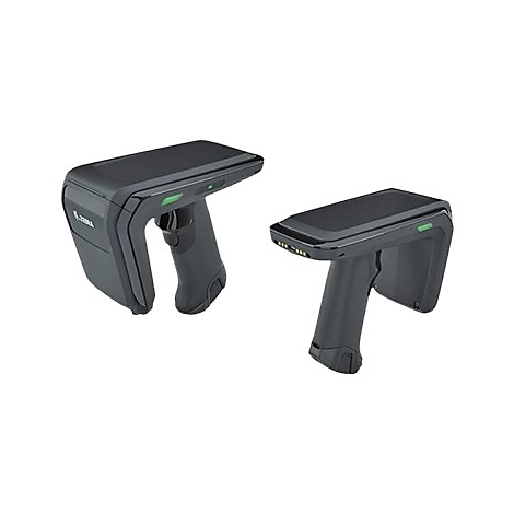 Zwei schwarzgraue Barcodescanner, einer links schräg, einer rechts, beide zeigen die gleiche Form.