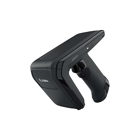 Schwarzer Barcode-Scanner mit Griff, leicht angewinkelt vor weißem Hintergrund. Der Hersteller ZEBRA ist abgebildet.