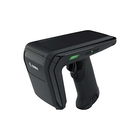 Schwarzer Handscanner der Marke Zebra. Der Scanner hat einen Griff und einen Kopf mit einem grünen Licht.