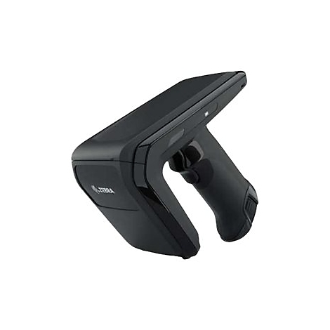 Ein schwarzer Barcodescanner, der von Zebra hergestellt wird, liegt diagonal vor einem weißen Hintergrund.