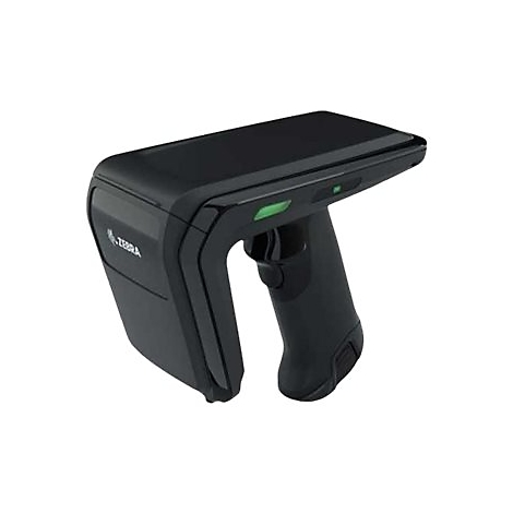 Schwarzer Barcode-Scanner mit Griff, grüner Leuchte und Zebra-Logo.
