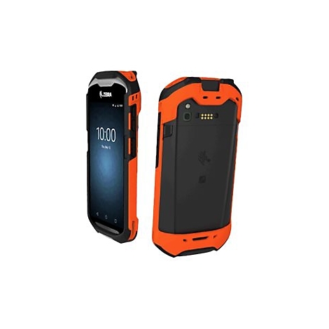 Zwei robuste Smartphones: Orange-Schwarz, Marke Zebra. Eines zeigt das Display mit Uhrzeit, das andere die Rückseite.