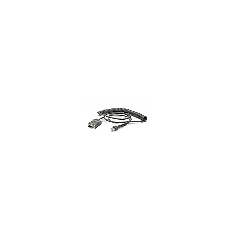 Graues Spiralkabel mit zwei Steckern, USB und seriell, auf weißem Hintergrund.