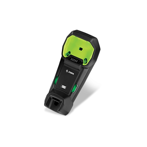 Chargeur noir pour appareil mobile avec des accents vert néon et le logo Zebra.