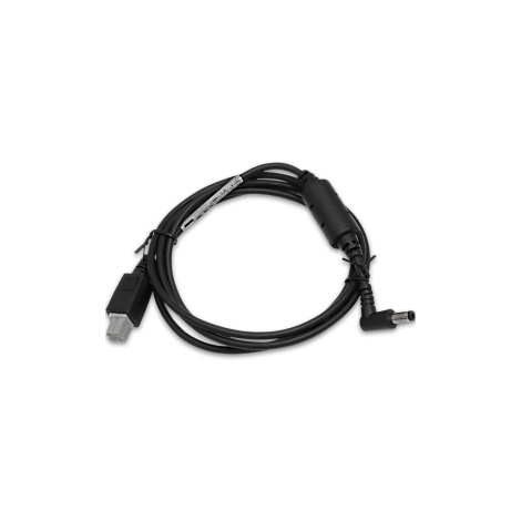 Ein schwarzes Kabel mit zwei Anschlüssen und einem Label.