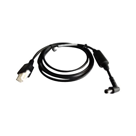 Ein schwarzes Kabel mit zwei Anschlüssen. Der eine Anschluss ist rechtwinklig, der andere weiß und rechteckig.