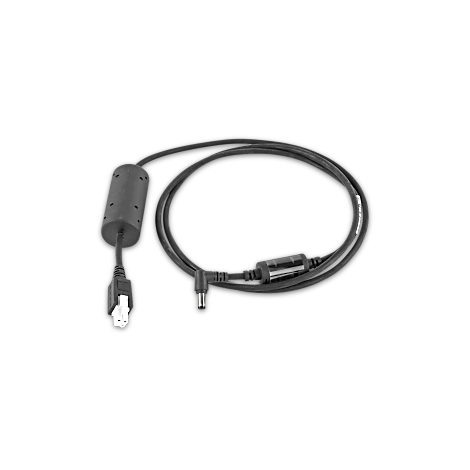 Ein schwarzes Kabel mit mehreren Komponenten, darunter ein Stecker, eine zylindrische Verdickung und ein Winkelanschluss.