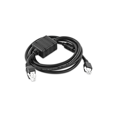 Schwarzes Kabel mit zwei weißen Steckern und einem quadratischen Zwischenstück. Der Hintergrund ist schwarz.