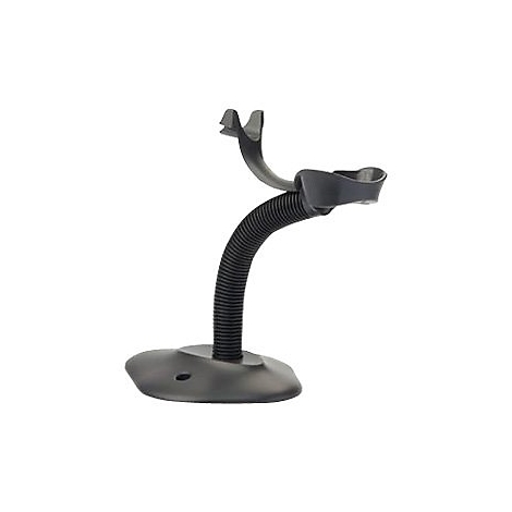 Schwarze Halterung für einen Barcodescanner, mit gebogenem Hals und stabiler Basis, vor weißem Hintergrund.