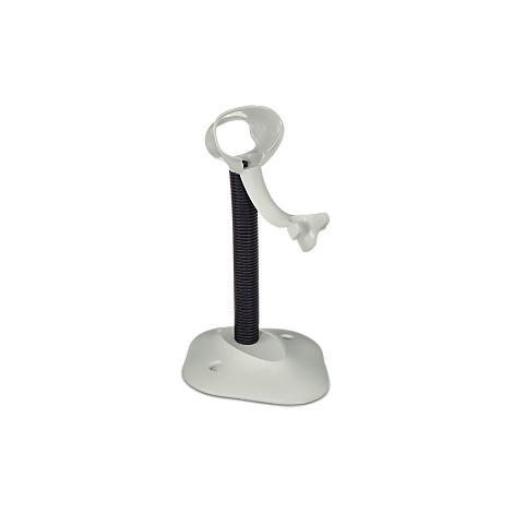 Weißer Ständer mit spiralförmigem Hals und geschwungener Halterung, auf ovaler Basis, vor dunklem Hintergrund.