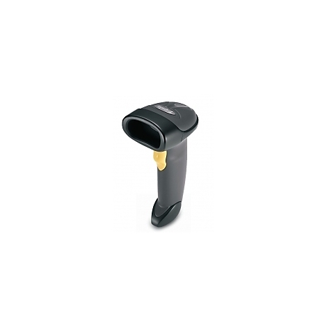 Schwarzer Barcode-Scanner mit gelbem Auslöser, vor weißem Hintergrund.