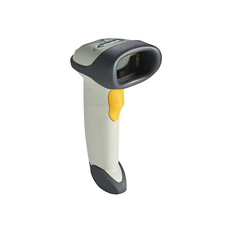 Ein grauer und weißer Barcode-Scanner mit gelbem Knopf, freigestellt vor weißem Hintergrund.