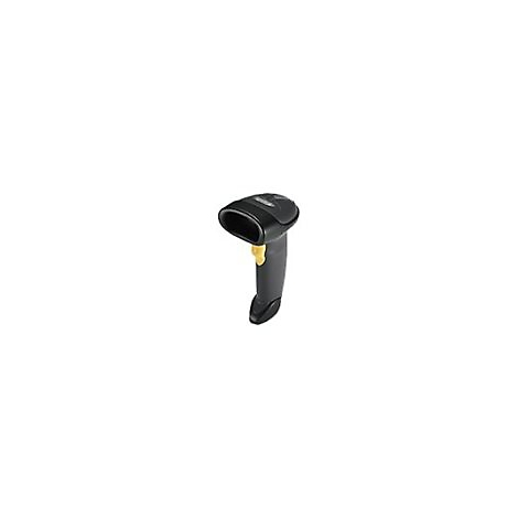 Ein schwarzer Barcodescanner mit gelbem Knopf, der auf weißem Hintergrund steht.