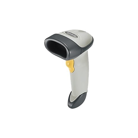 Handscanner in Grau und Schwarz. Gelber Knopf. Logo auf der Oberseite.
