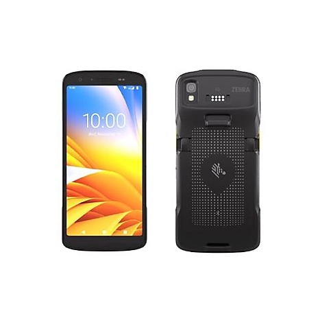 Ein schwarzes Smartphone mit dem Bildschirm nach vorne und die RÃ¼ckseite daneben. Auf dem Bildschirm steht 10:00.