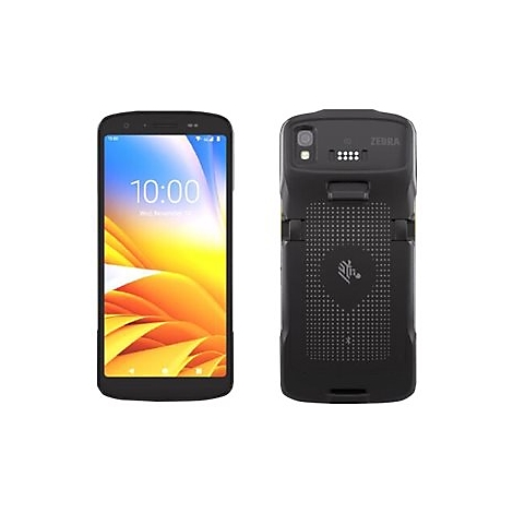 Zwei Smartphone-Ansichten: Vorderseite mit Uhrzeit 10:00, RÃ¼ckseite mit Zebra-Logo.