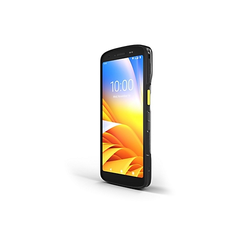 Schwarzes Smartphone, Uhrzeit 10:00 Uhr. Gelber Knopf an der Seite, Detail der OberflÃ¤che.