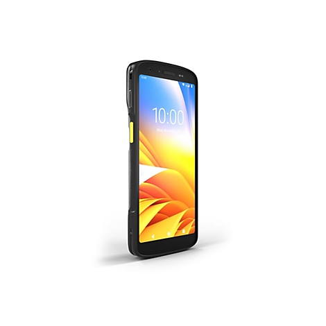 Ein Smartphone in einem schwarzen GehÃ¤use mit gelben Akzenten, der Bildschirm zeigt eine Uhrzeit von 10:00 Uhr.