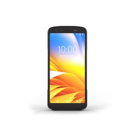 Schwarzes Smartphone, Display mit orangefarbenem Hintergrund, Uhrzeit 10:00.