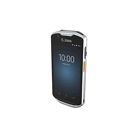 Ein graues Zebra-Handheld-GerÃ¤t mit schwarzem Display. Auf dem Bildschirm ist die Uhrzeit 10:00 Uhr zu sehen. Das Logo von Zebra befindet sich am oberen Rand.