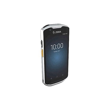 Ein Handheld-Computer mit schwarzem Bildschirm, auf dem 10:00 Uhr angezeigt wird, und einem gelben Knopf an der Seite.