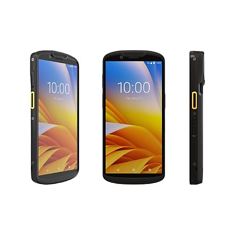 Schwarzes Smartphone. Vorder-, Seiten- und Dreiviertelansicht. Display zeigt Uhrzeit, gelber Akzent.