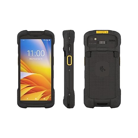 Un téléphone mobile robuste avec un boîtier noir et des accents jaunes, présenté de face, de côté et de dos. L'heure 11h00 est affichée à l'écran.