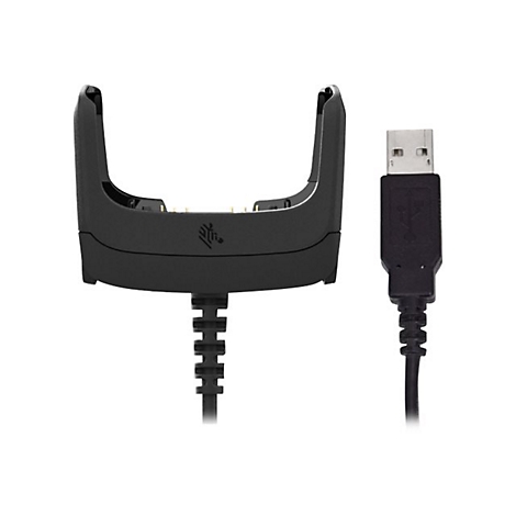 Schwarze Ladestation mit USB-Kabel. Auf der Station ist das Zebra-Logo abgebildet.