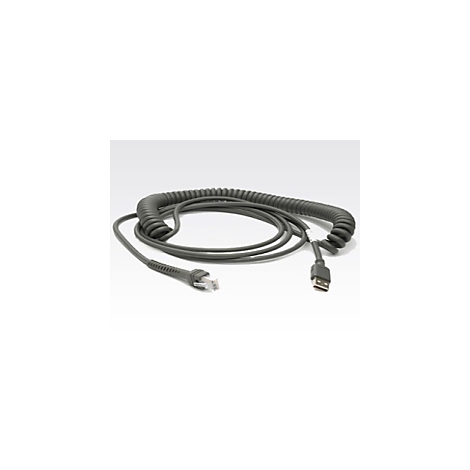 Graues, gewendeltes Kabel, ein Ende mit RJ45 Stecker, das andere mit USB-A Stecker.