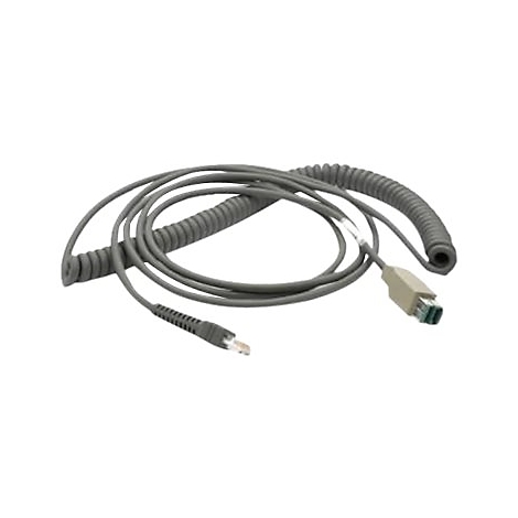 Graues Spiralkabel mit Steckern an beiden Enden. Ein Stecker hat einen rechteckigen Anschluss, der andere einen RJ45-Stecker.