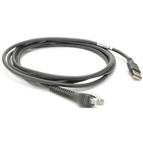 Graues USB-Kabel mit RJ45-Stecker, auf weißem Hintergrund.