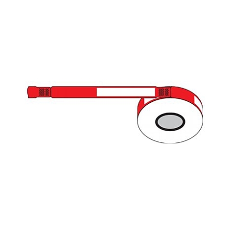Un ruban adhésif rouge sur fond blanc. Le ruban comporte des sections blanches pour l'étiquetage et se déroule d'un rouleau.